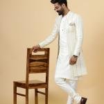 Alluring Pastel Thread Embroidered Off-White Open Sherwani with Kurta Pajama Set | Father Son Combo | Jaipurio Collection